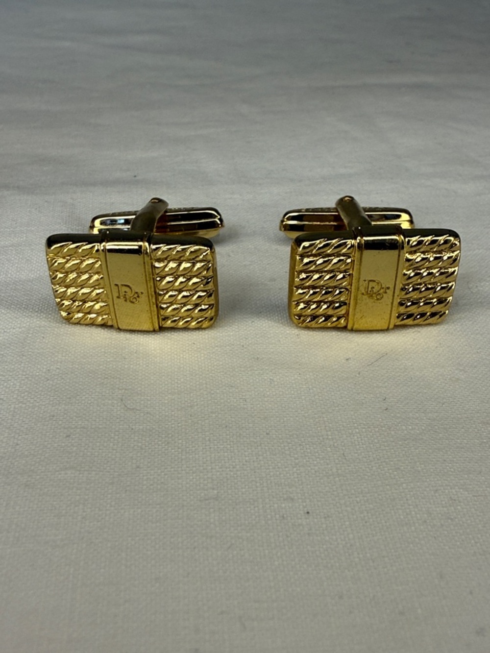 Christian Dior Gold Tone Cufflinks Textured Rectangle Signed 1"